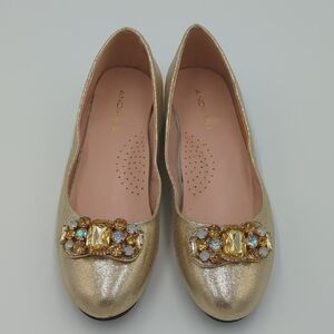 Andiamo‎ Coquette Embellished Ballet Flats Glam Crystal 8W Gold Royal Feminine